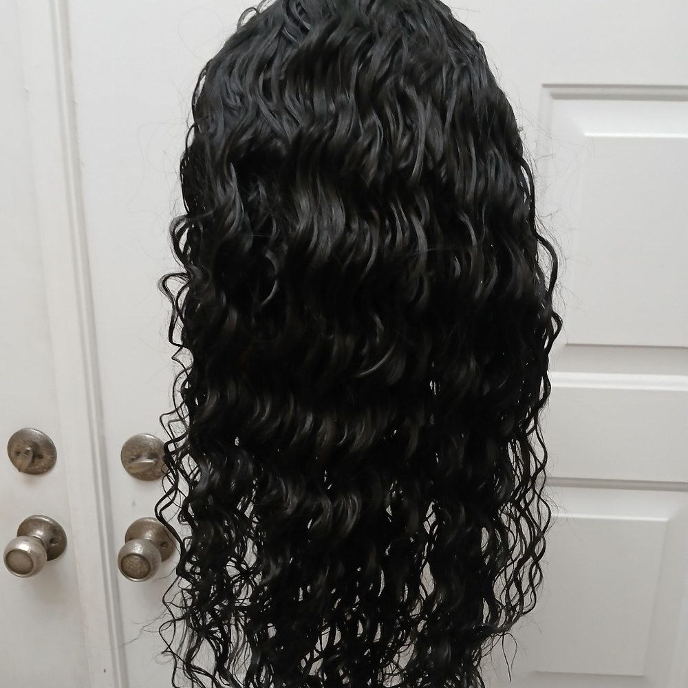 Black Curly Q Ringlet Curl Synthetic Hair Lace Cap Wig 24in